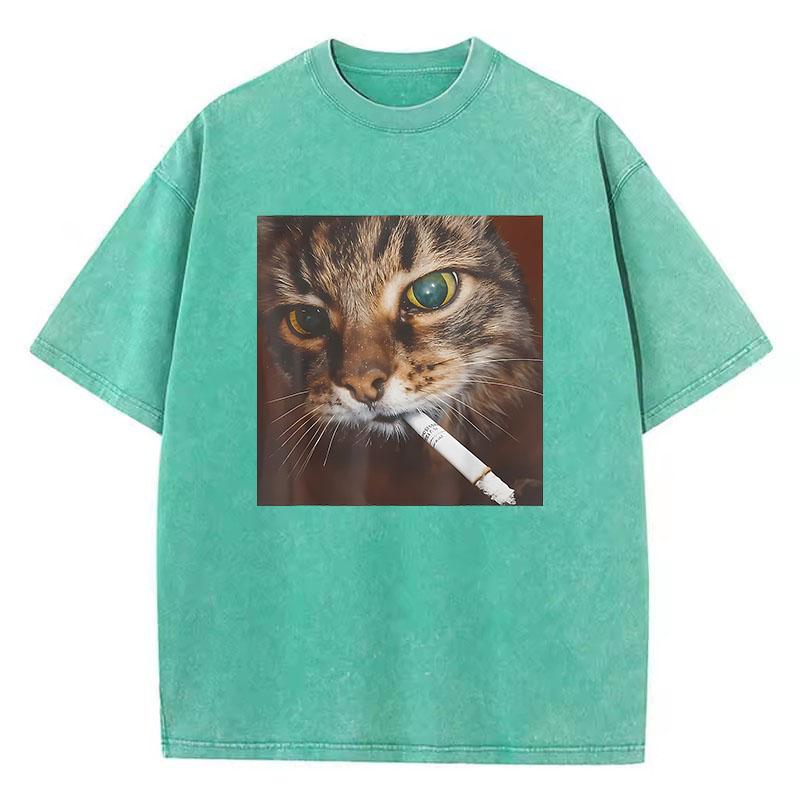 Hip Hop 2000s Smoking Retro Cat T Shirt Vintage Washed Cotton T-Shirt Graphic Tee Casual Streetwear Spring Summer