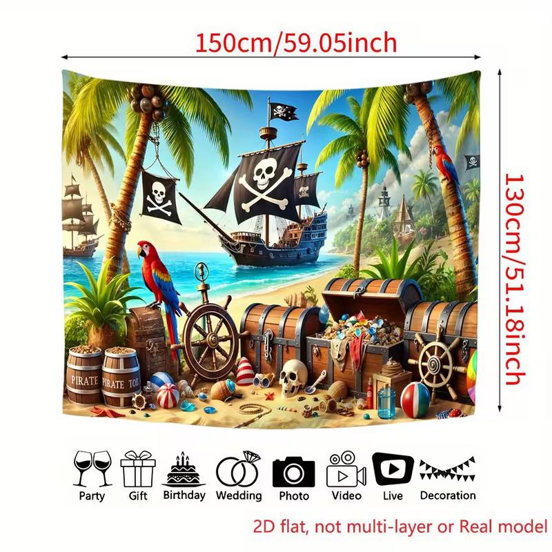 Vinyl Pirate Beach Backdrop - Pirate Ship, Parrot & Treasure Chest Photography Background