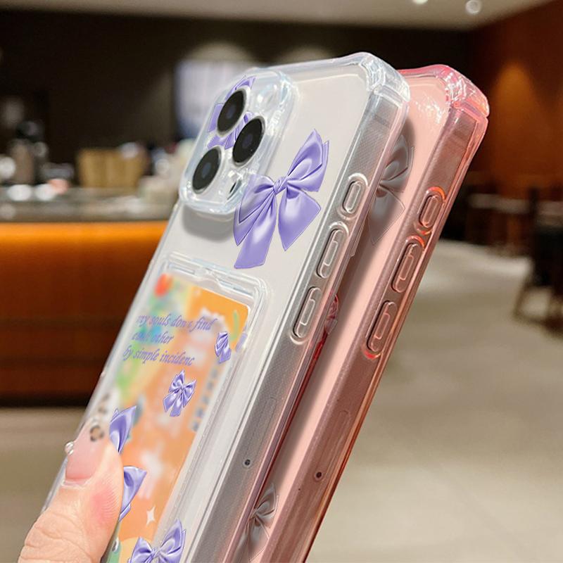 Solid Color Bowknot Print Transparent Card Slot Phone Case For iPhone 16 15 Pro 14 Pro Max 13 12 11 Clear Shockproof Slim Soft Silicone Bumper Cover