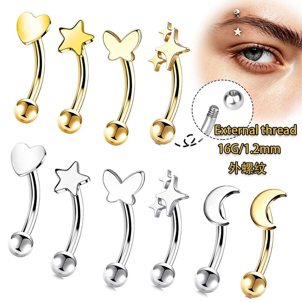 Stainless Steel Eyebrow Pins, Moon-shaped, Heart-shaped, Five-pointed Star-shaped Ear Bar Pins