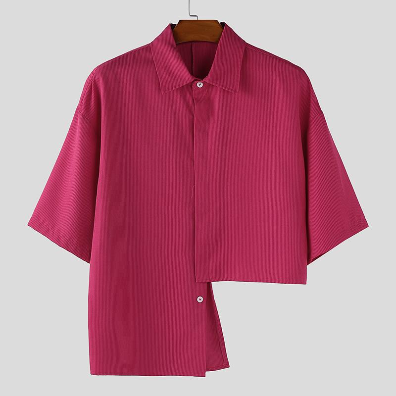 INCERUN Men Lapel Neck Short Sleeve Striped Casual Loose Irregular Cropped Shirts