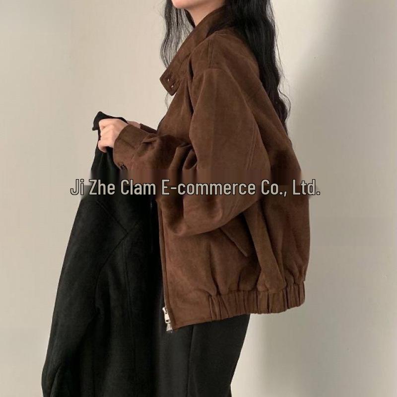 Women's Retro Faux Suede Jacket - Slim Fit, Loose, Short Top for Spring & Autumn