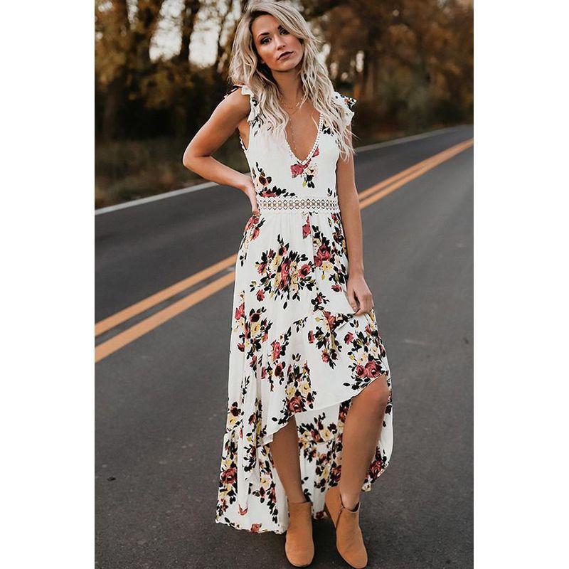 

Printed V-neck Seamless Irregular Dress Women Print V-neck Backless Dress White S