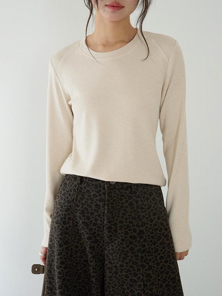 Solid Color Round Neck Long Sleeve Slim Fit Base Shirt for Women - Autumn/Winter 11096