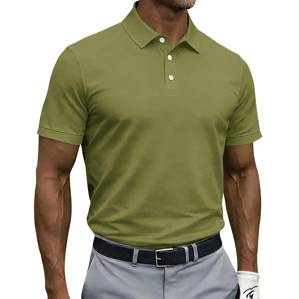 Men Short Sleeve Polo Shirt Classic Fit Button Down Collar Lightweight Breathable Knit Fabric for Business Casual Wear