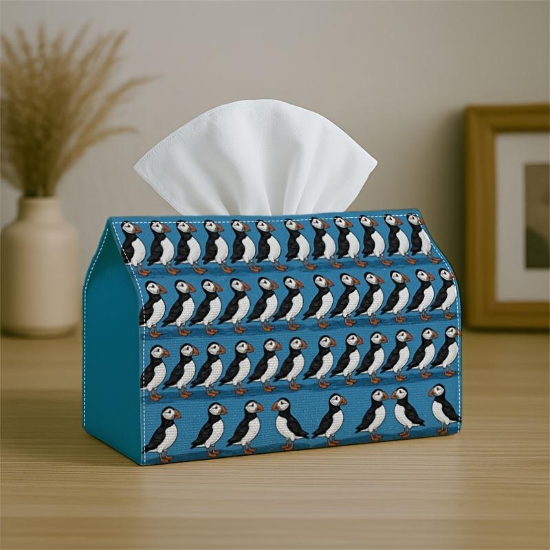 1pc Contemporary Fun Tissue Box Cover, Puffin Bird Ocean Theme In Blue And White, Premium Quality, Sturdy, Lightweight, Collapsible Storage, Perfect F