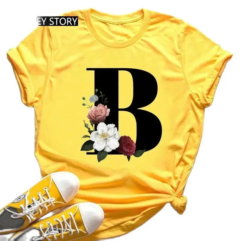 Cotton Tee Large Size Yellow T-shirt for Men And Women with Black Fashion Trend Print of Flowers 26 English Letters Casual Short Sleeve Top