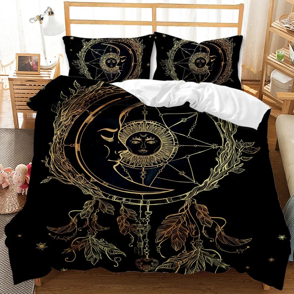 Bohemian Set povlaku na přikrývku 3D Zlaté Slunce a Měsíc Ložní Set pro Děti Dospívající Dospělé Dvojlůžko Queen King Size Polyesterový Povlak na Prošívanou Přikrývku