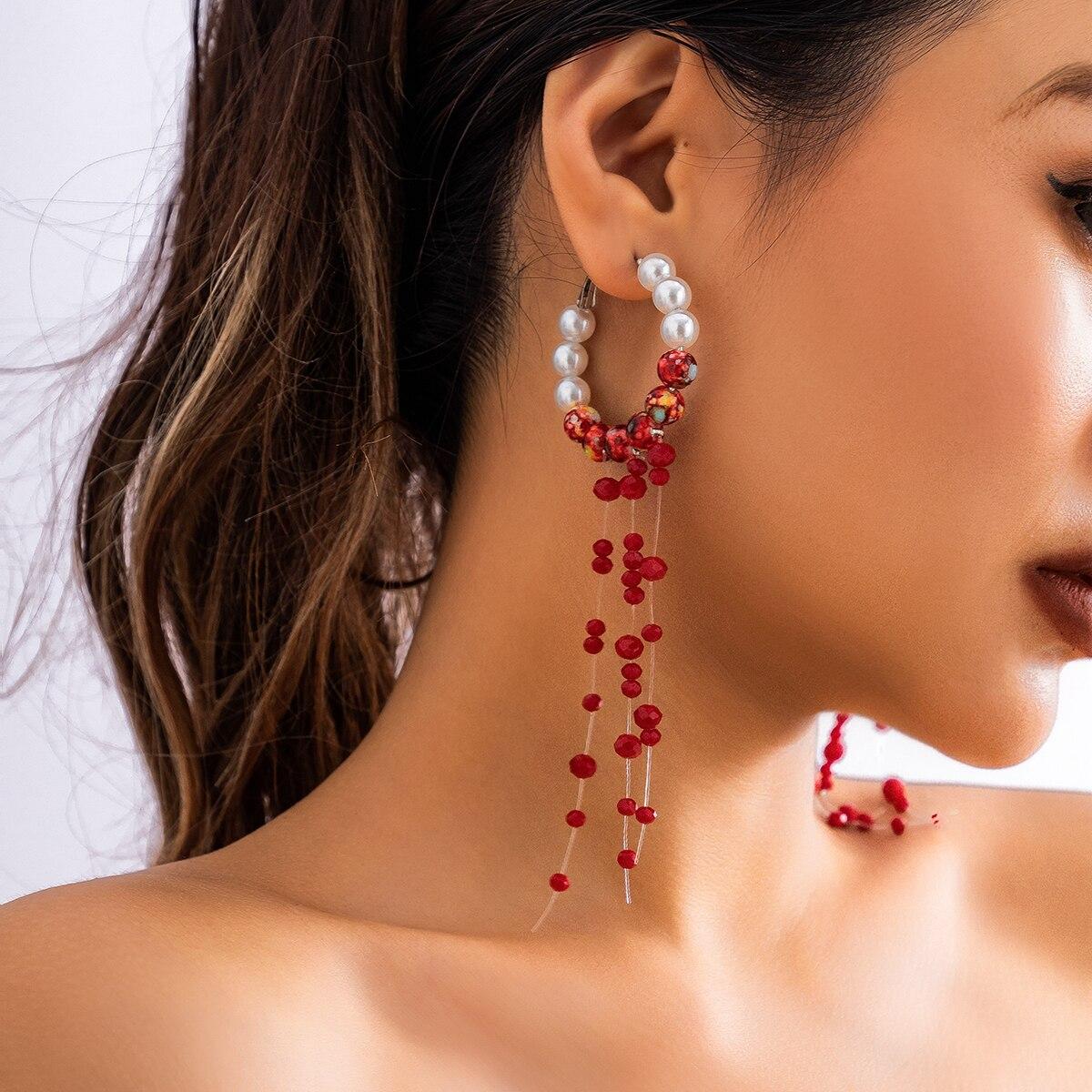 

Long Tassel Red Blood Pattern Imitation-Pearl Chain Drop Earrings for Women Gothic Link Hanging Earrings Halloween Jewelry Gift