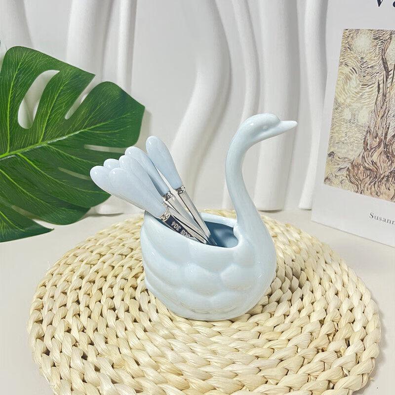 Qīwēi 304 Stainless Steel Swan Fruit Fork Set with Ceramic Holder
