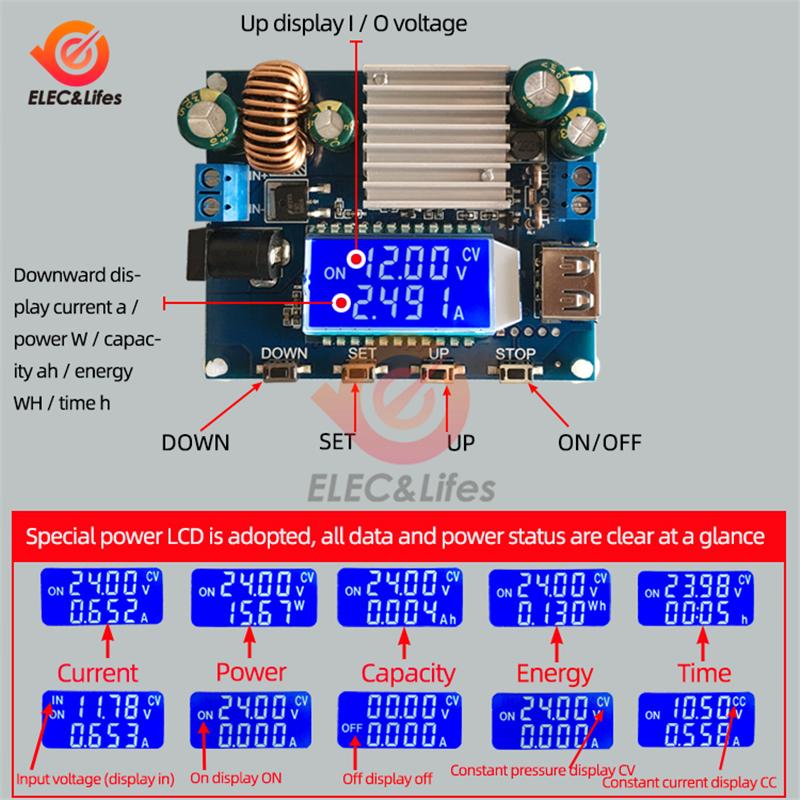 Automatisches Aufwärts-Abwärts-Modul, einstellbar, Konstantspannung, Konstantstrom-Netzteilmodul, DC-DC 5-30V auf 0,6-30V, LCD-Voltmeter