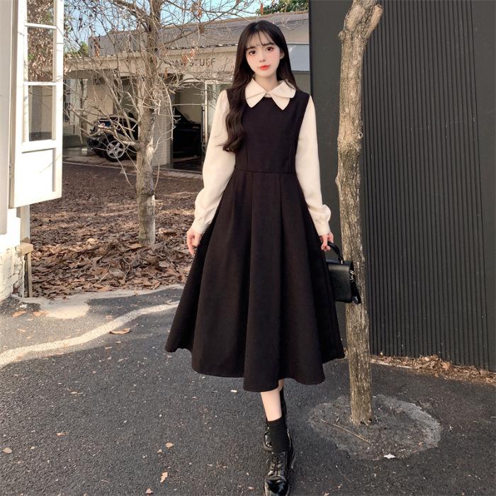 Dress Academy style long-sleeved retro Mori skirt temperament thin French long dress women's clothing autumn and winter new