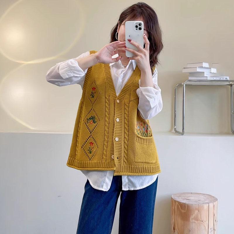 Strickweste mit Hohlstickerei für Damen, einreihig, ärmellos, V-Ausschnitt, Strickjacke, Harajuku-Pullover, Jacke, Herbst und Winter