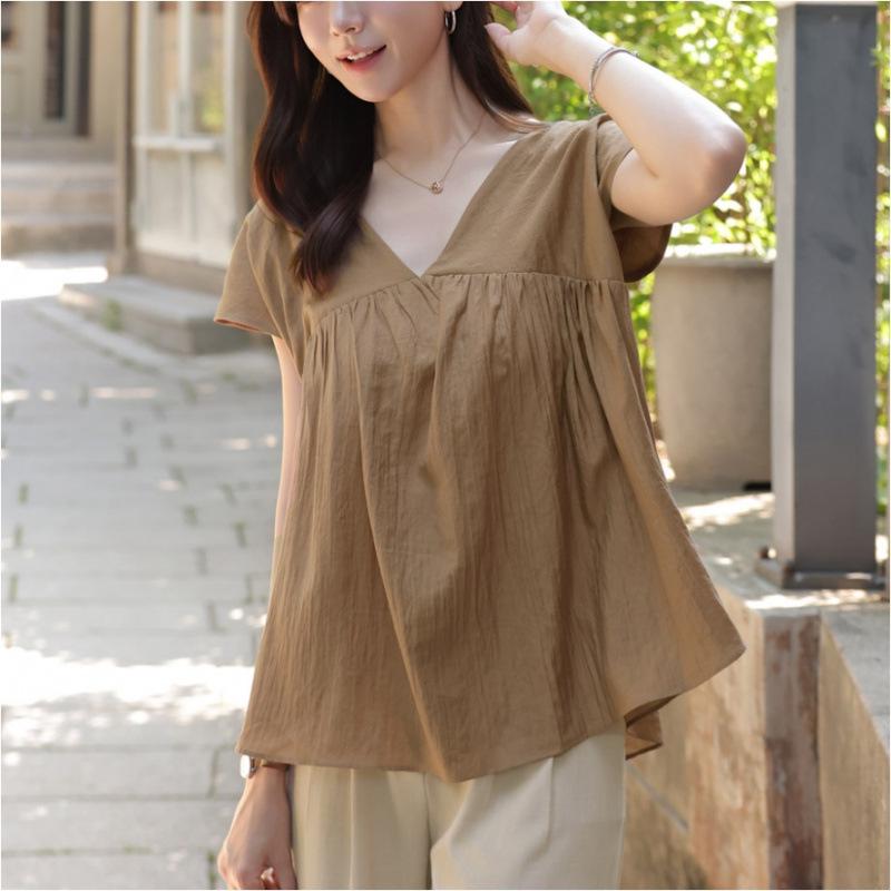 

Plus Size Korean V-Neck Chiffon Blouse - Solid Color, Short Sleeve, Loose Fit, Casual Top One Size чёрный