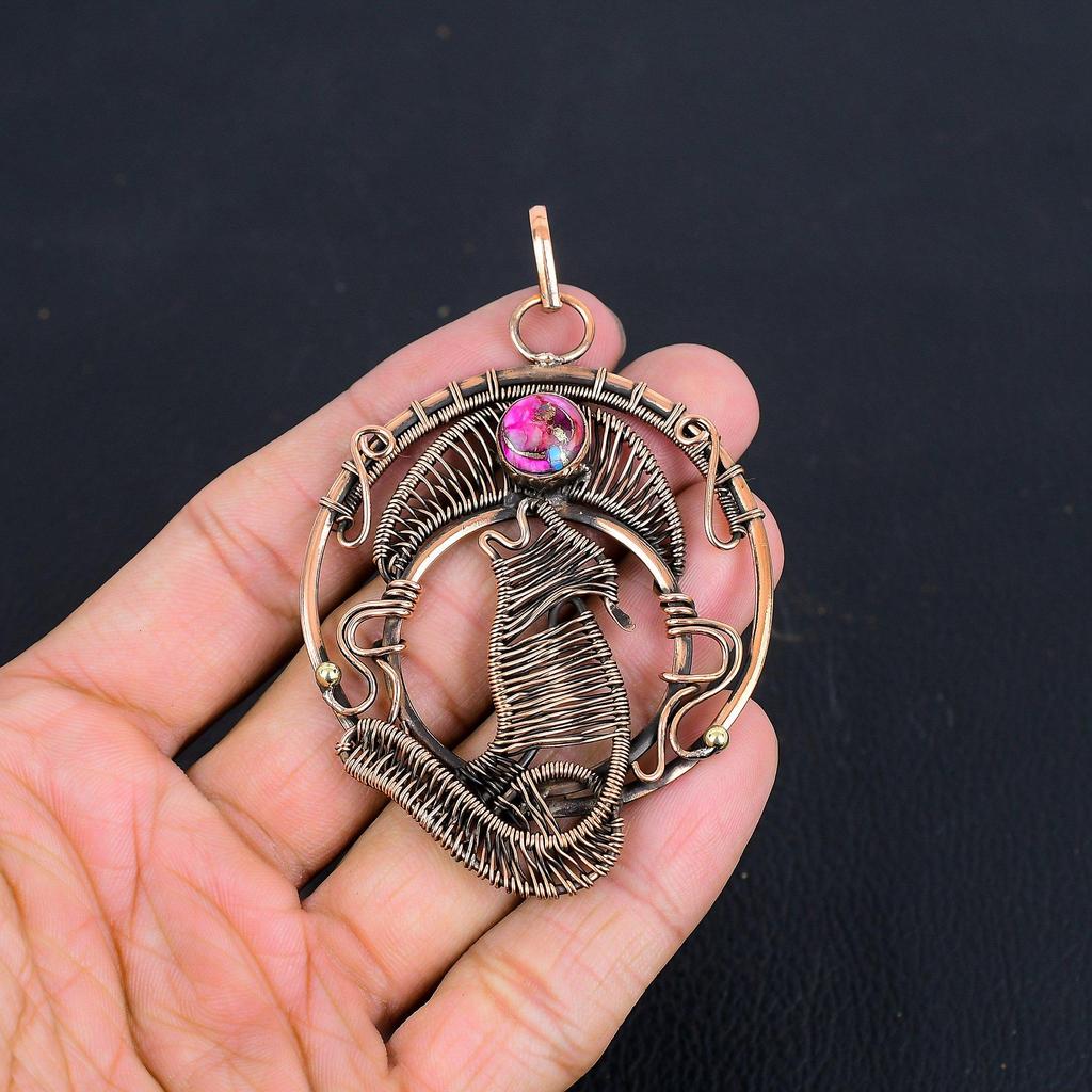 Pink Spiny Oyster 999 Copper Wire Wrapped Pendant Handmade Gemstone Jewelry Pendant, For Memorial Day