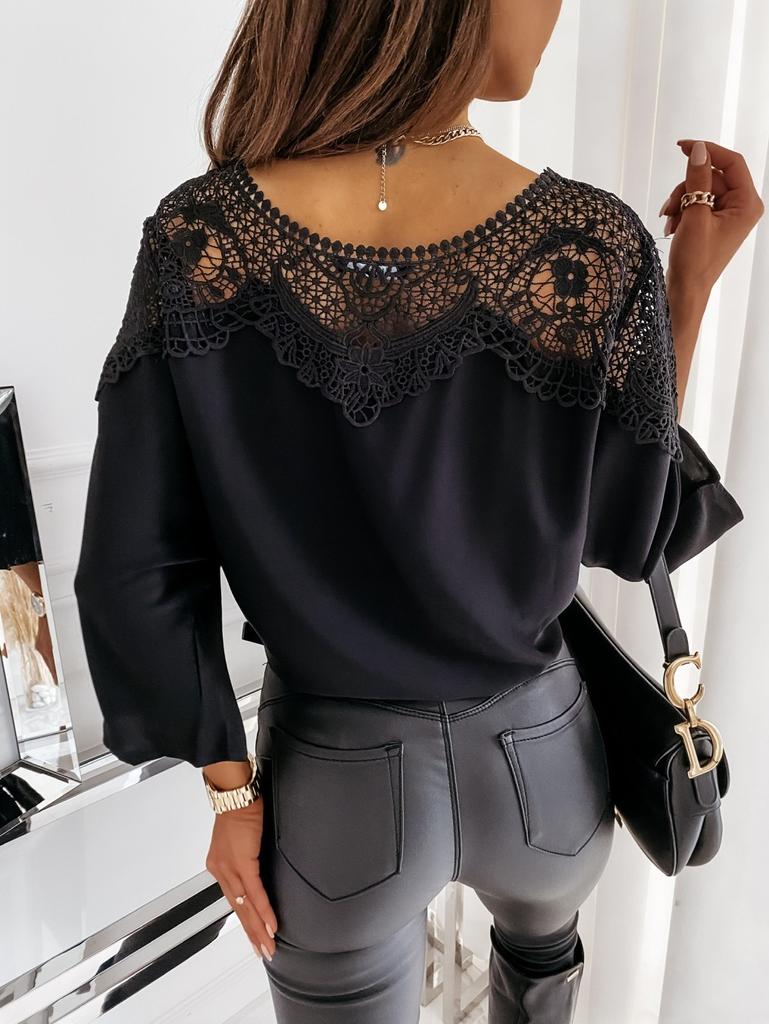 Summer Women's Long Sleeve Lace Solid Color Top Round Neck