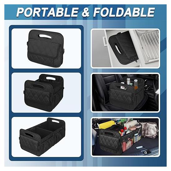 Car trunk storage bag, suitable for SUV, car storage box, 6 pockets, 50LW waterproof polyester trunk storage bag, black