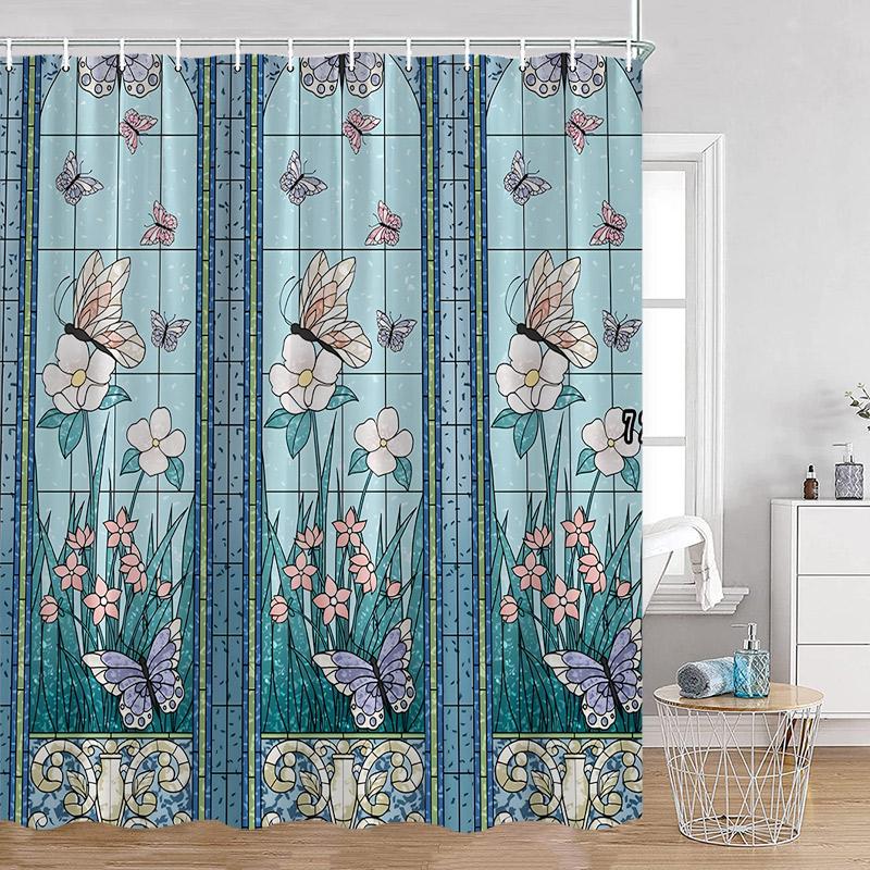 Luxury Gold White Floral Shower Curtain Rose Butterfly Cherry Blossom Modern Art Flower Polyester Fabric Bathroom Curtains Dec