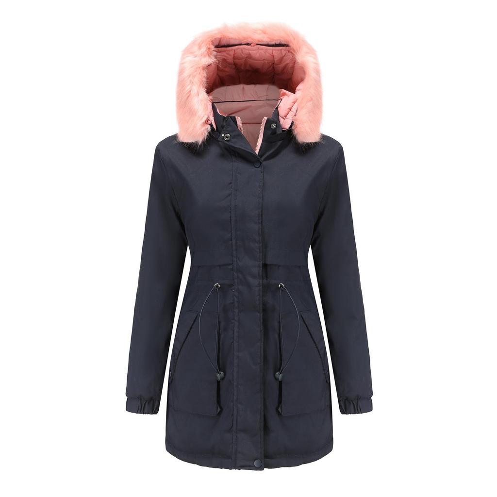 Women Winter Reversible Solid Color Long Sleeve Drawstring Fur Collar Removable Hat Quilted Parka M-3XL