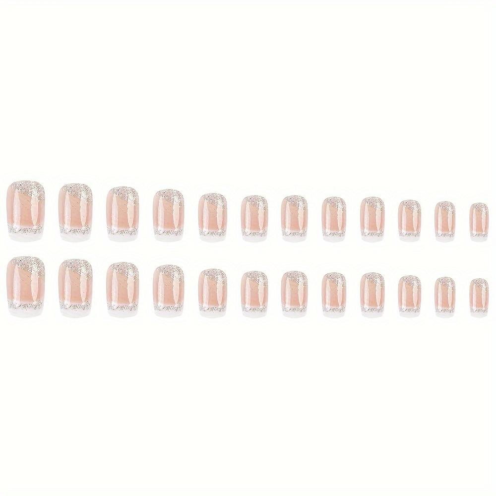 24pcs Set Glossy Medium Square Press-On Nails - Gradient Pink & White with Sparkling Glitter, Reusable French Style False Nails for Women and Girls