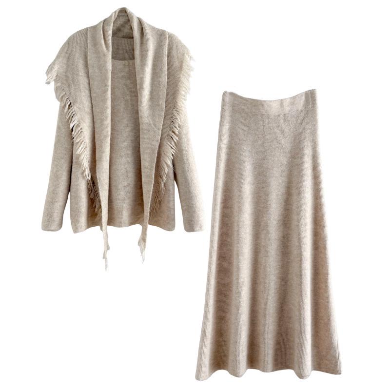 Women's Autumn/Winter High-End Knit Set: Tassel Shawl, Sweater & Skirt.
