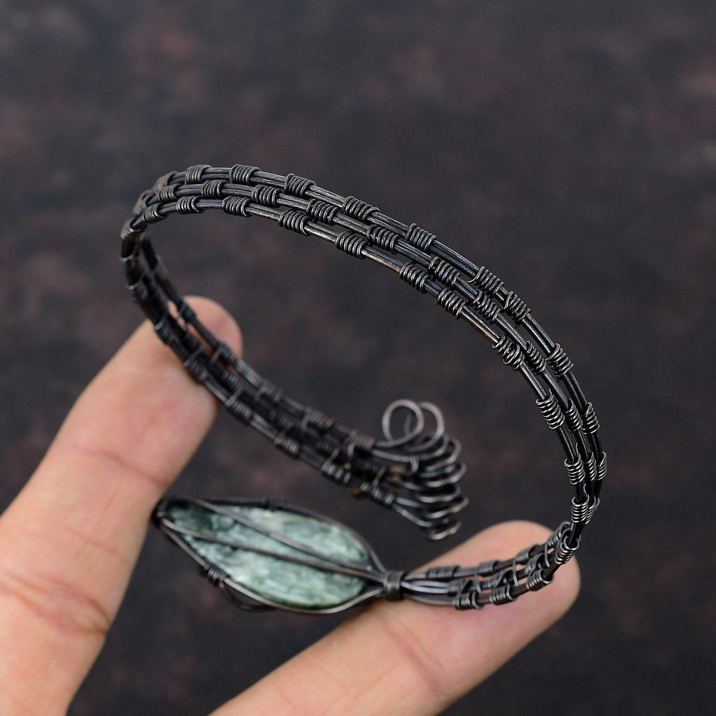 Seraphinite Cuff Bracelet Copper Wire Wrapped Adjustable Bangle Gemstone Handmade Jewelry Copper Cuff Bracelet Wire Wrap Bangle Gift For Mom
