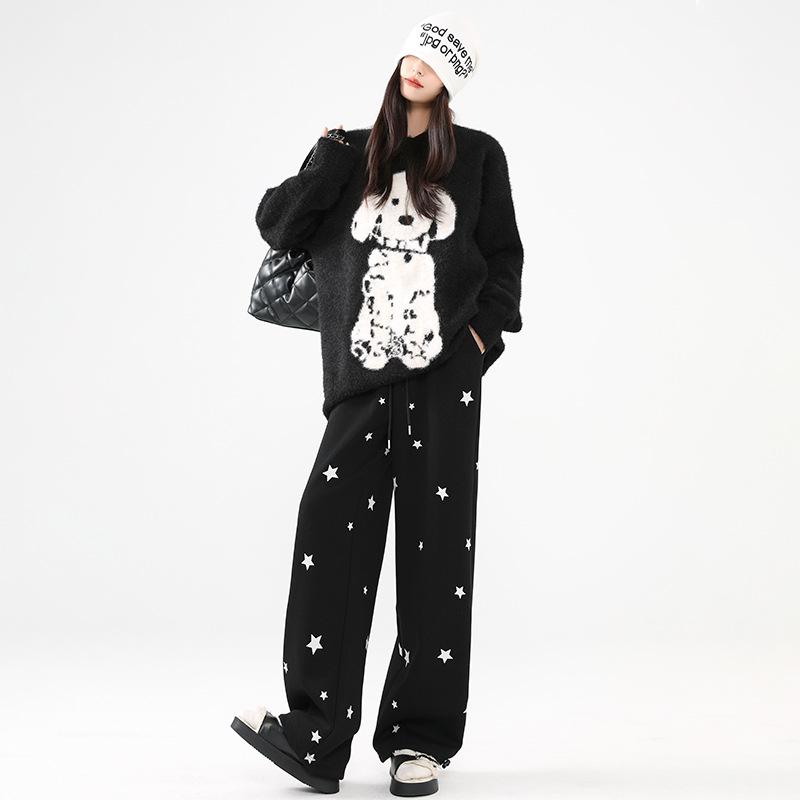 

Star printed sweatpants women s spring and autumn new loose straight sweatpants casual small wide-leg pants S чёрный