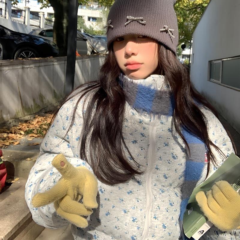 New Small Floral Full Print Stand-up Collar Short Cotton Clothes Women's Winter Thickened Warm Bread Clothes Jacket