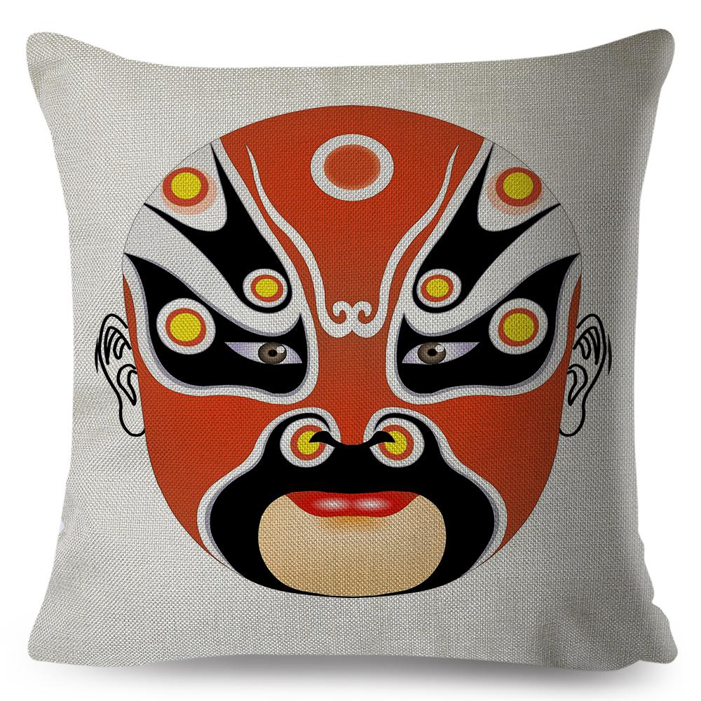 Chinese Opera Mask Pillow Xcm Original Artistic Illustration Vibrant Traditional Colors Woven Fabric Cover