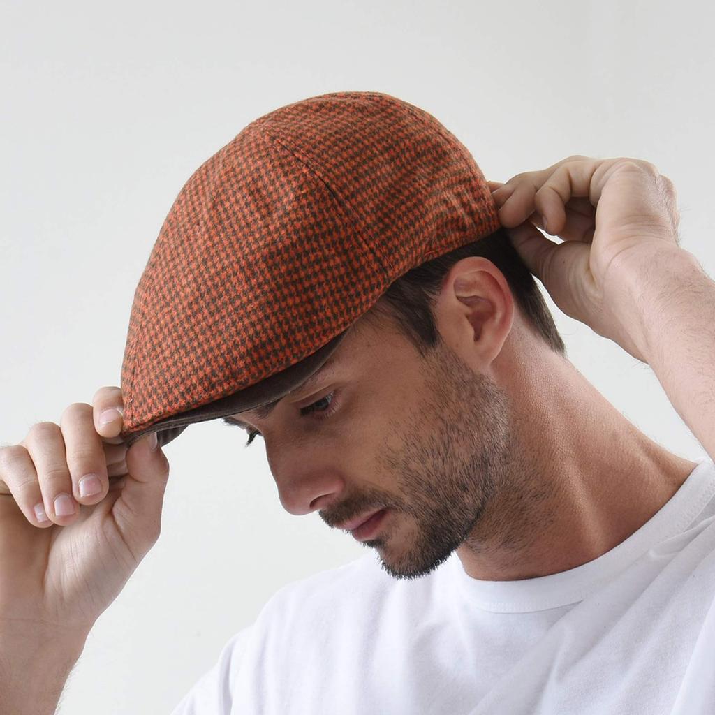 With Moons SL3019 Houndstooth Newsboy Tweed Fabric Hunting Cap with Faux Flat Cap (Orange) Hat, Leather,