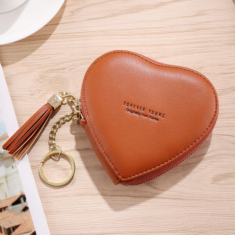 New Fashion Heart Shaped PU Leather Coin Purse Women Tassels Zipper Wallet Key Holder Bank Card Coin Bag Girls Mini Handbag