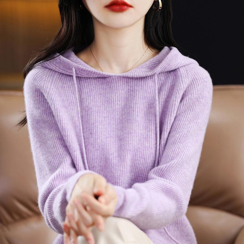 Women's 100% Wool Hooded Sweater - New Autumn/Winter Cashmere Knit Base Layer Hoodie