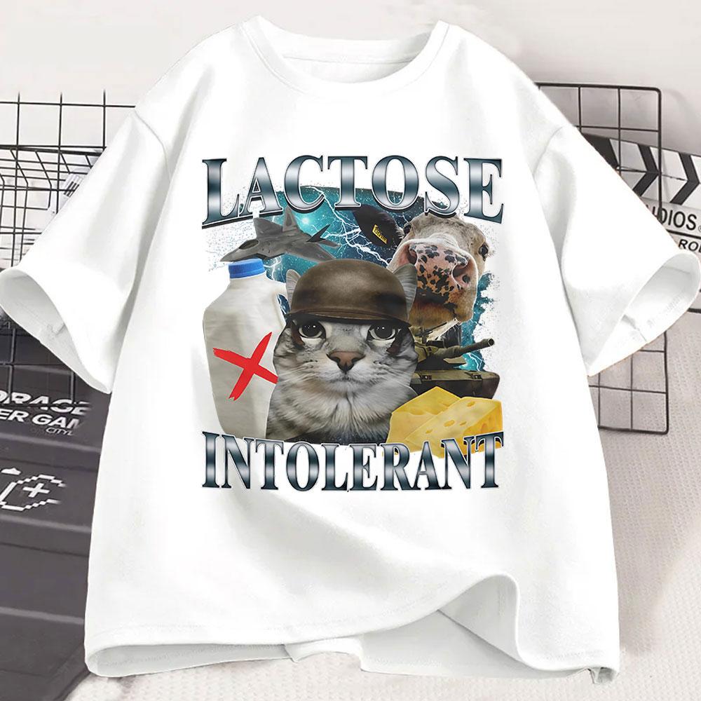 Lactose Intolerant Funny Cat Meme T-Shirt Men Women Retro Fashion Short Sleeve T-shirts Cotton Casual Cozy Oversized T Shirts