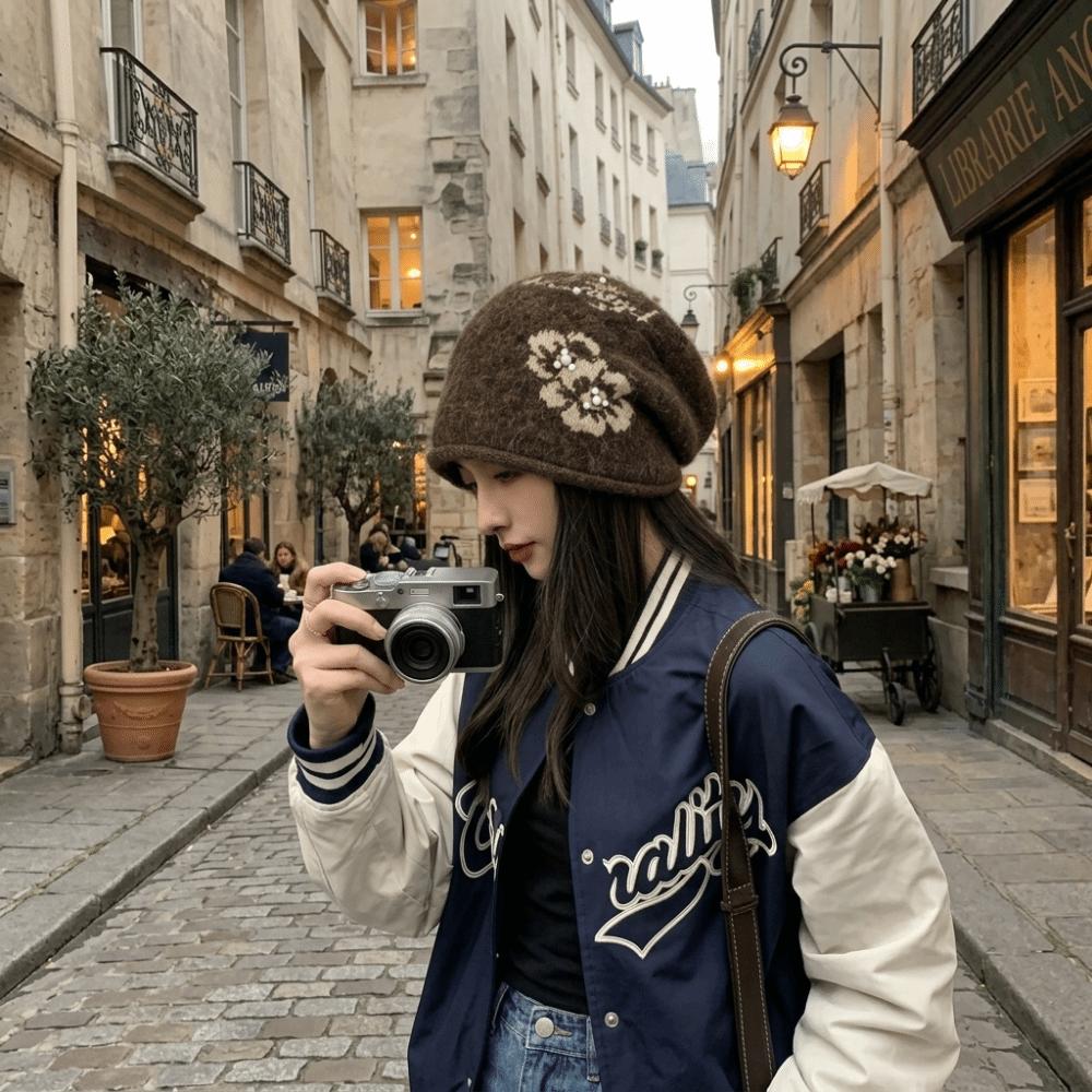 Ear Protection Floral Slouchy Beanie Windproof Fall Winter Cold Hat Jacquard Knit Hat Casual
