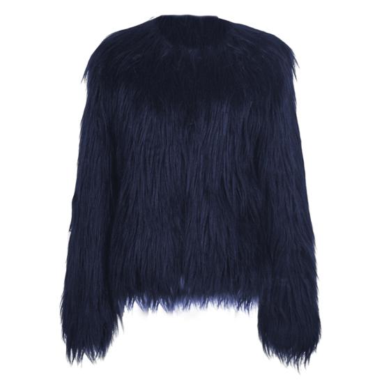Women's Faux Fur Jacket Warm Plush Round Neck Coat Autumn Winter Long Sleeve