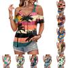 Women’s Casual Summer Hawaiian Print Cold Shoulder Short Sleeve T Shirt with Tie Straps and Round Neckline for Everyday Wear