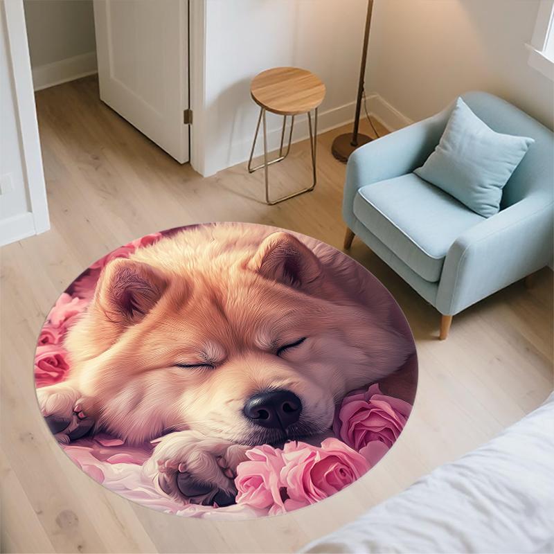 Shiba Inu and rose pattern round rug,Carpet Rug for Living Room Bedroom  Playroom ,Non-slip Floor Mat,Holiday Gifts and Birthday Gifts.