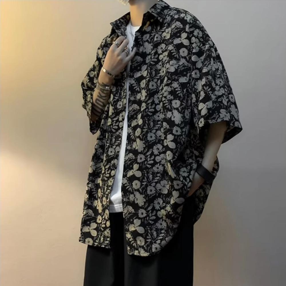 

Новая летняя свободная рубашка в стиле ретро Гонконгского дизайна, нишевая цветочная, мужская, с коротким рукавом, красивая, повседневная 2XL чёрный