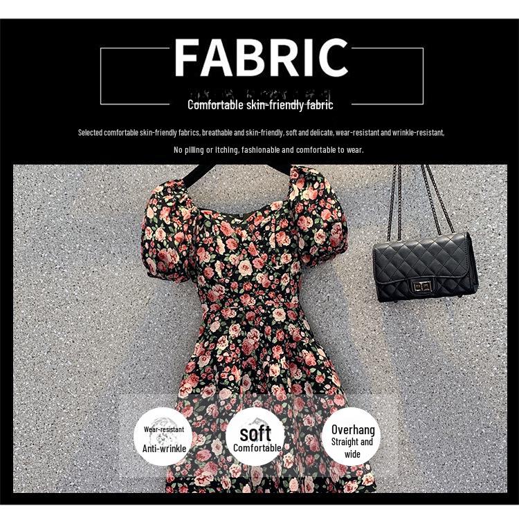 2023 Plus Size French Floral Puff Sleeve Dress: Slimming, Square Neck Summer Style