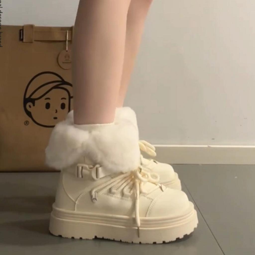 Cowhide Version with Two Turned Hairs, Wearing Thick-soled Snow Boots, Women's New Velvet and Thickened Cotton Shoes In Winter