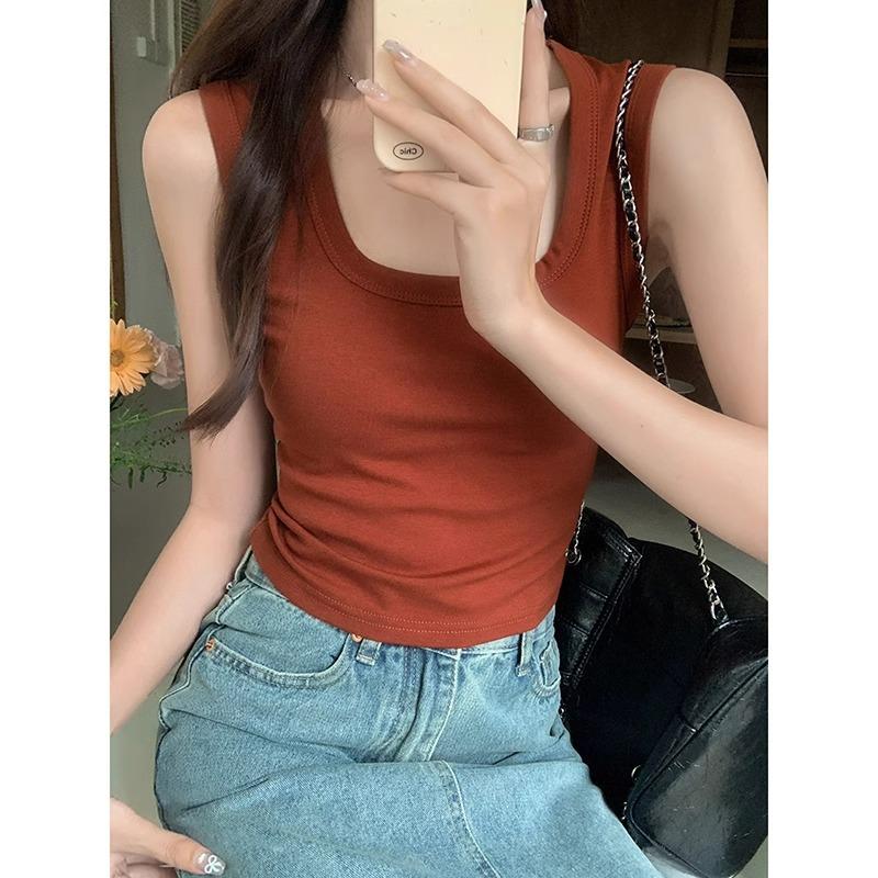 

Корейская версия сладкой девушки dopamine однотонный короткий топ без рукавов, белый и универсальный летний женский жилет с U-образным вырезом XL