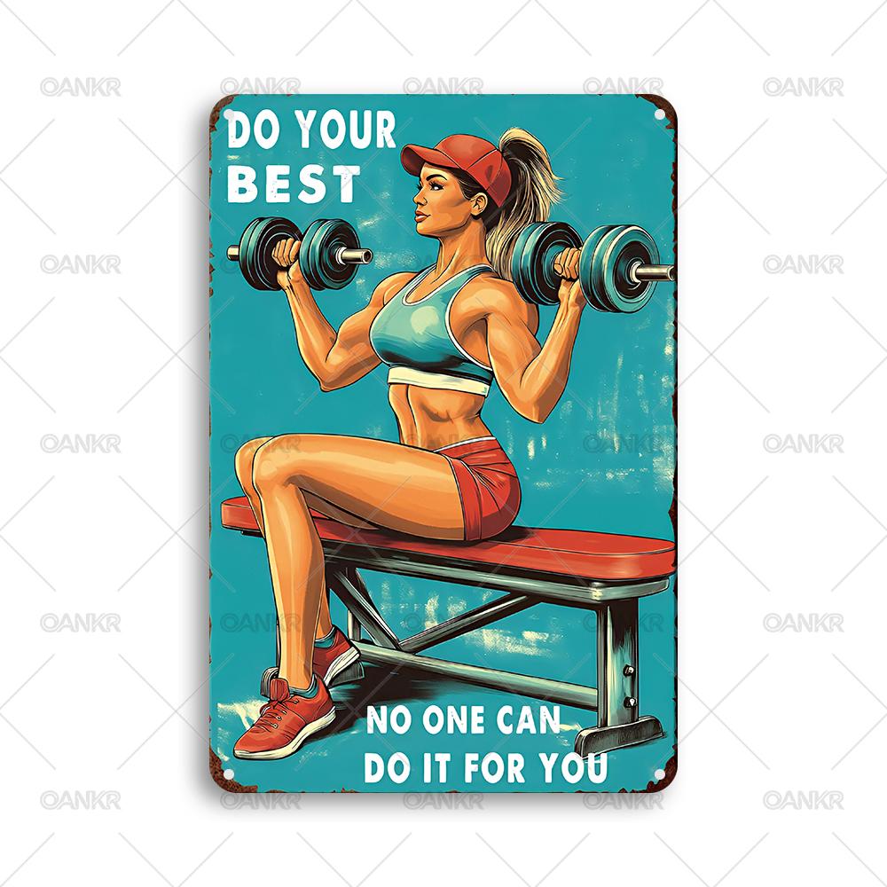 Vintage Gym Decor Metal Tin Sign Chic Woman Lifting Weights Motivational Art Metal Signs for Man Cave Home Wall Decor Plaque 20x30cm（7.8x11.8inch）