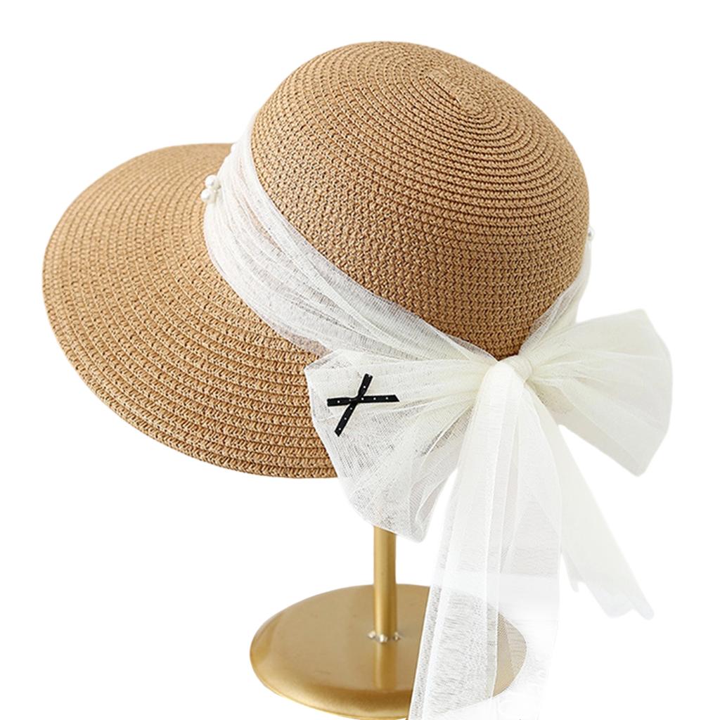 Elegant Straw Sun Hat with Pearl Mesh Bow Women Ladies Large Brim Beach Cap Casual Summer Outdoor Travel UV Protection Hats