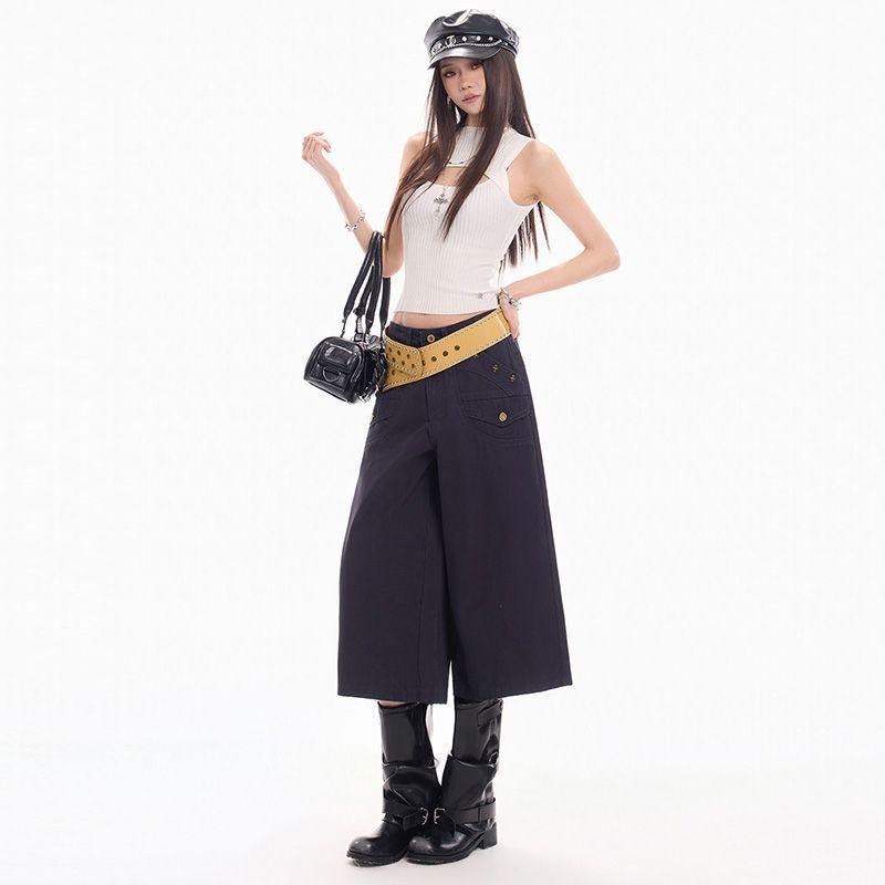 Fashion High Street Vintage Button Detailed Navy Blue Cropped Capri Cargo Pants For Women Loose Wide Leg  Versatile Slimming FigureFlattering Bottoms