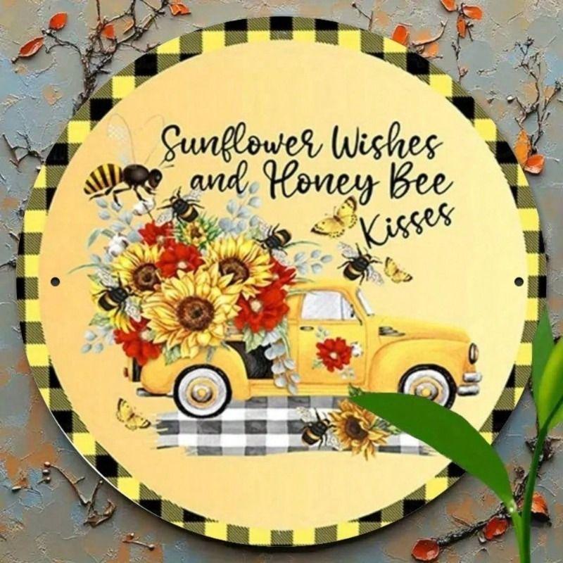 Sunflower and Bee Round Metal Sign 20cm Outdoor Garden Wall Decor