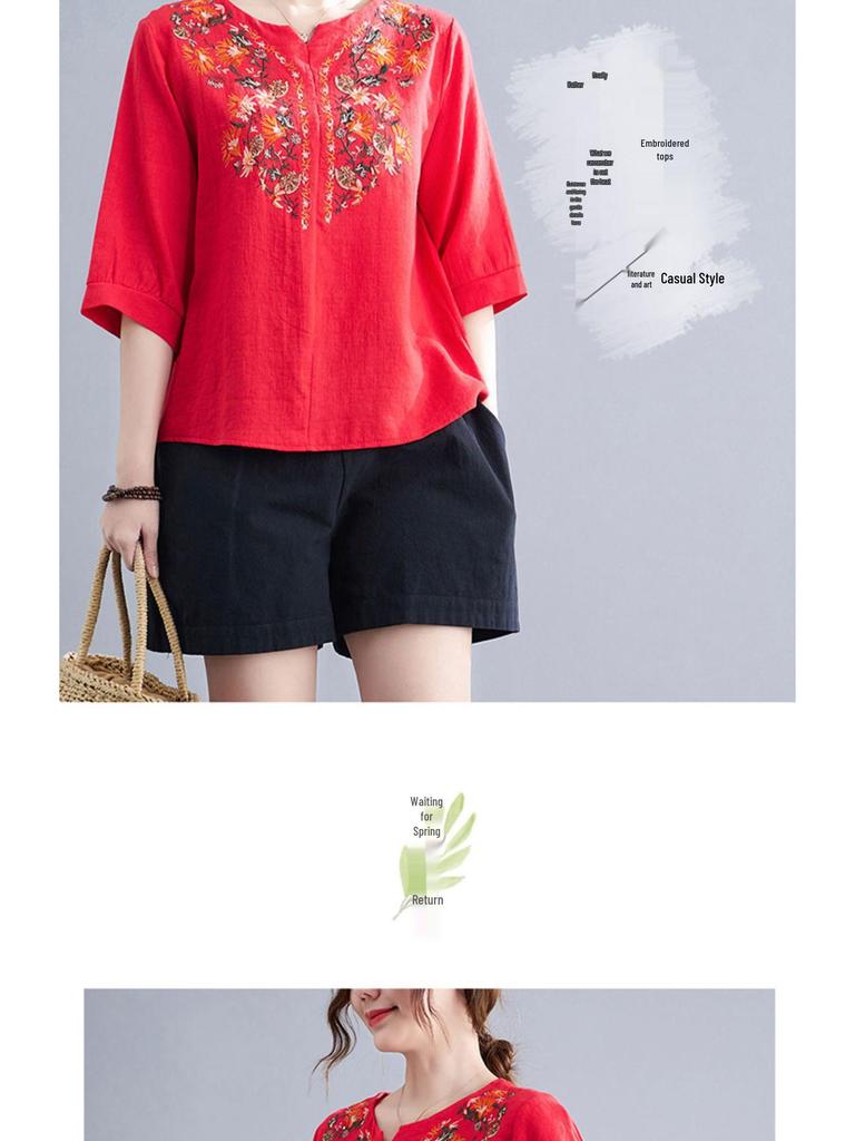 Ethnic Cotton Linen Slimming Top - Summer 2023 Women's Fashion