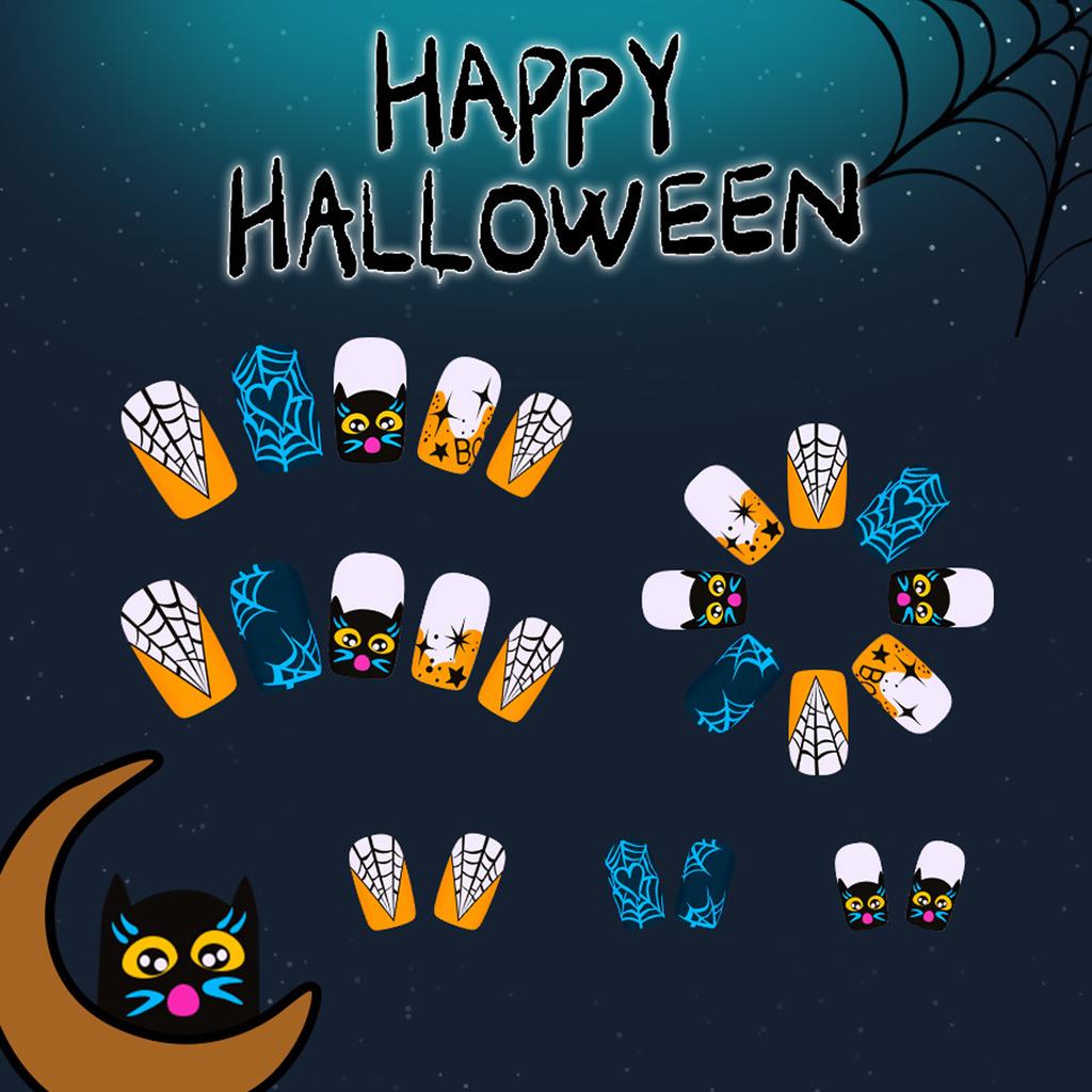 24 Piece Halloween Orange French Spider Web Gothic Press On Nails With Dark Bat Design And Black Glitter For Women Party