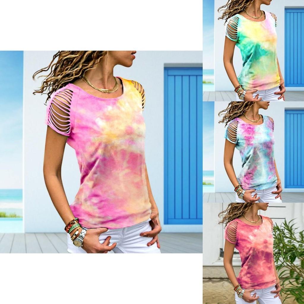 Damen Lebendige Batik-Print Oberteile Lässige Kurzarmbluse Perfekt für den Sommer