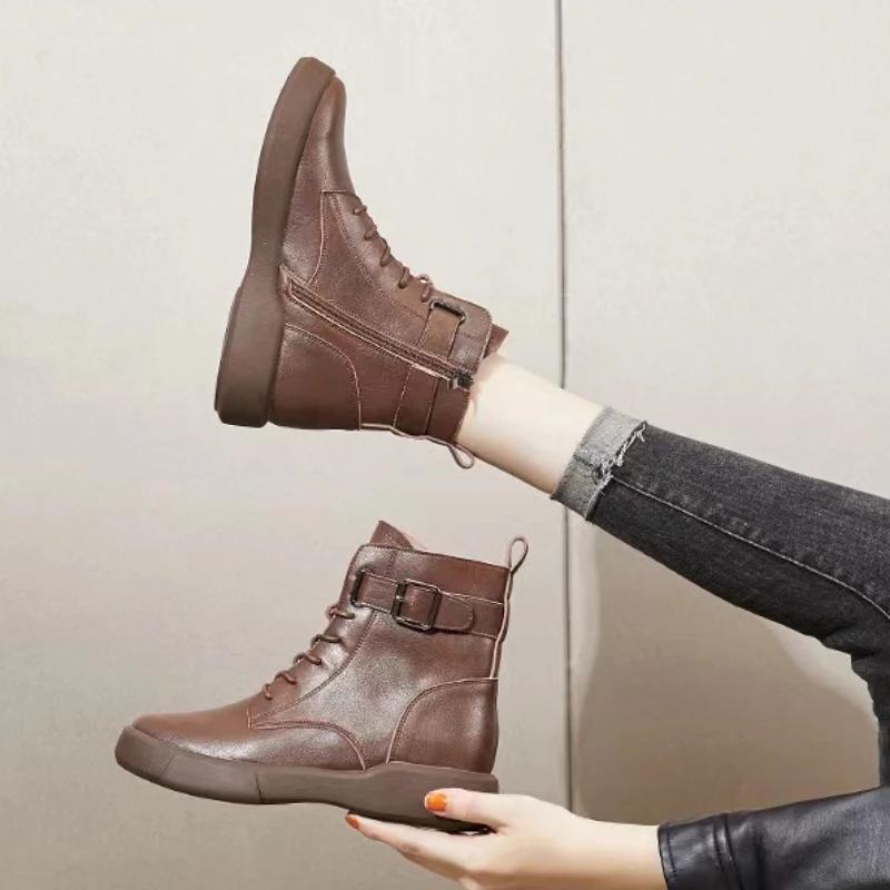 Damen Schnürstiefeletten Britischer Stil Runde Spitze Dicke Sohle Schuhe Gürtelschnalle Seitlicher Reißverschluss Lederstiefel Botas Para Mujeres