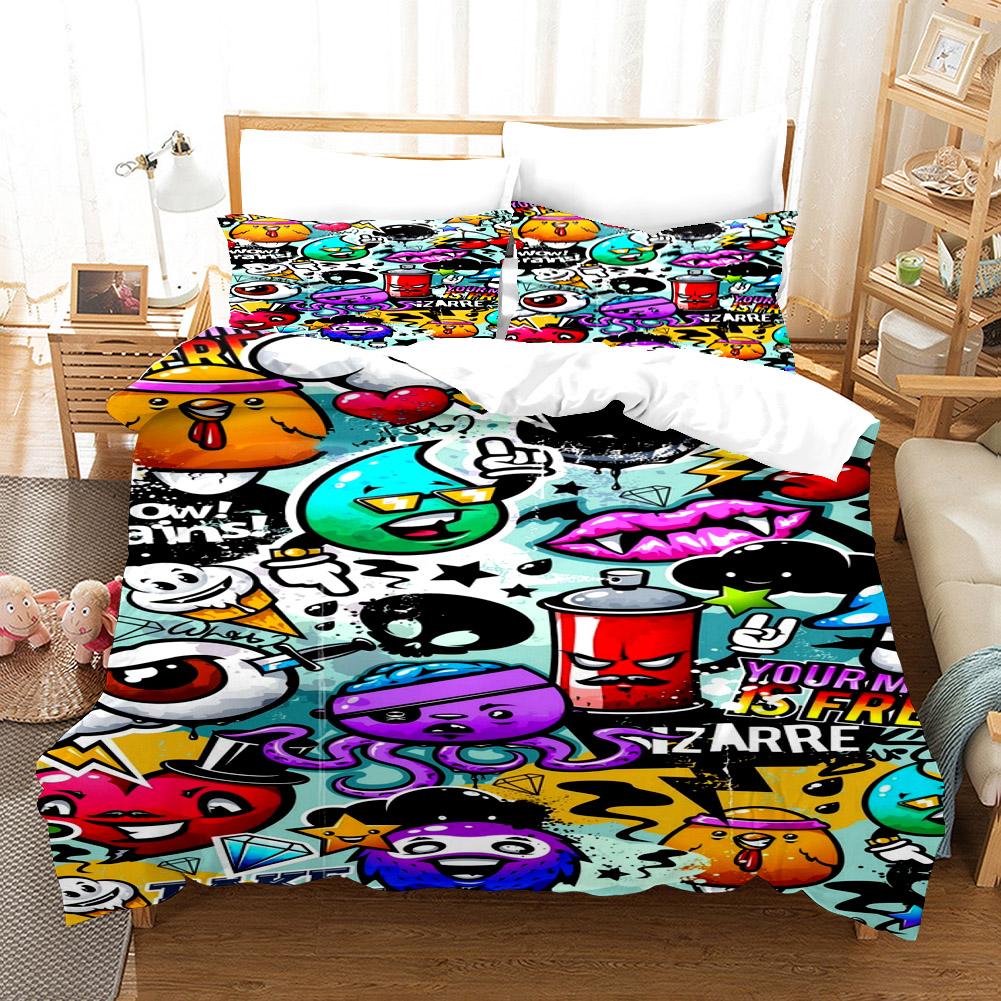 Cartoon Style Hip-hop Doodle 3D Printed Duvet Style Pillowcase Bedding Set Teenager Bedroom Decor Bed Set